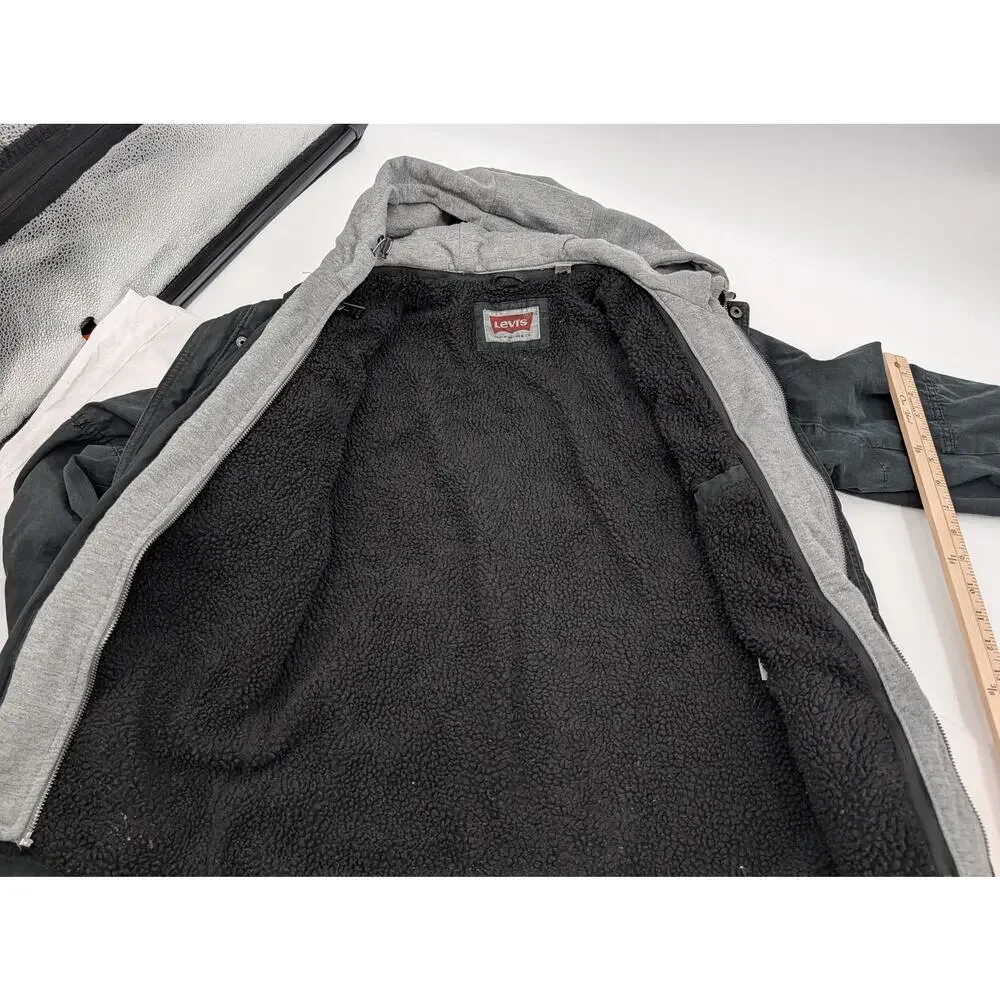 Levi's Sherpa Lined Men's Jacket Small Removable Gray Hood Utility Chore Ranch - Picture 6 of 9